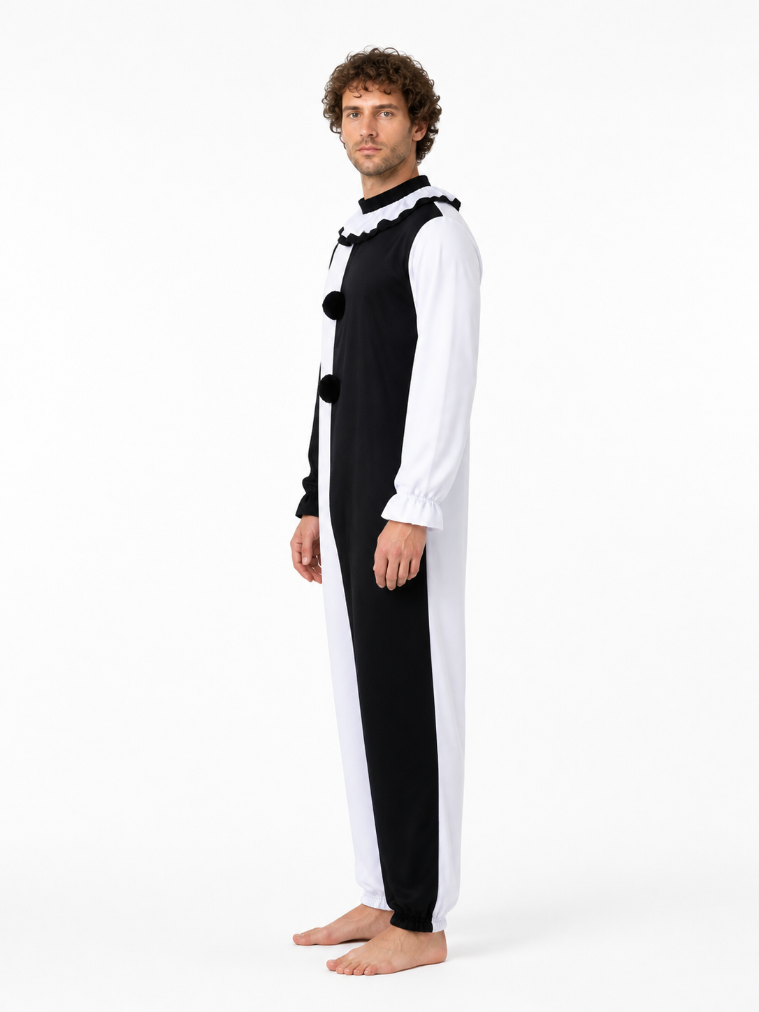 Black-and-White Clown Jumpsuit with Ruffled Collar side view