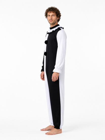 Black-and-White Clown Jumpsuit with Ruffled Collar side view