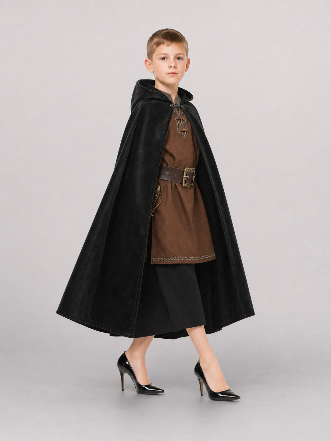 Black medieval hooded carnival cloak