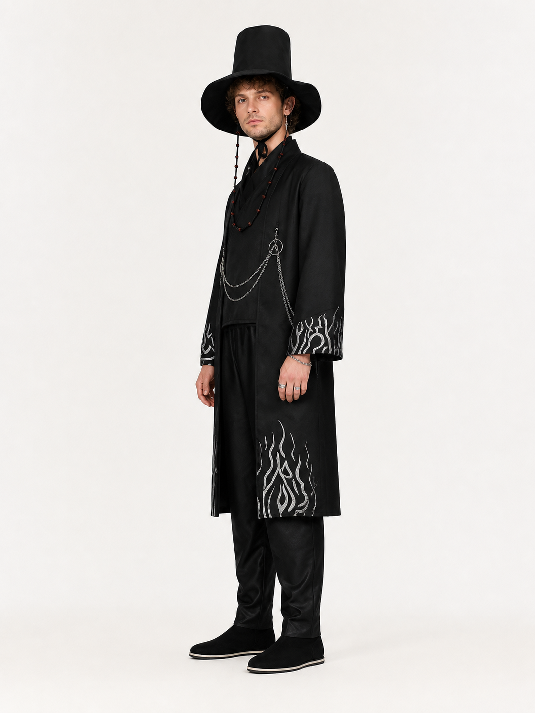 Black cosplay costume with long coat and hat side view