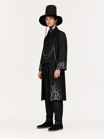 Black cosplay costume with long coat and hat side view