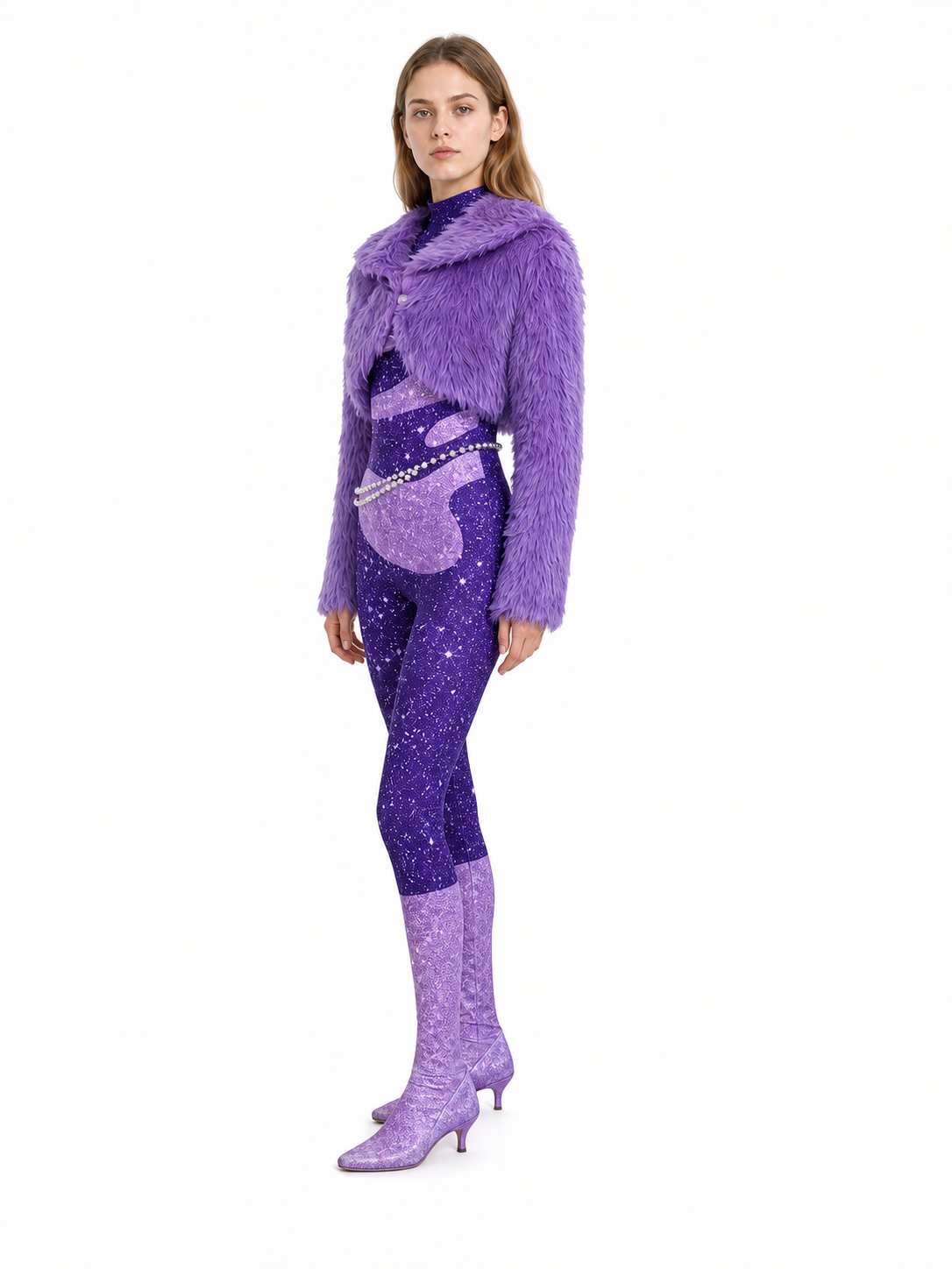 Character Costume: Jumpsuit, Cape, and Chain side view