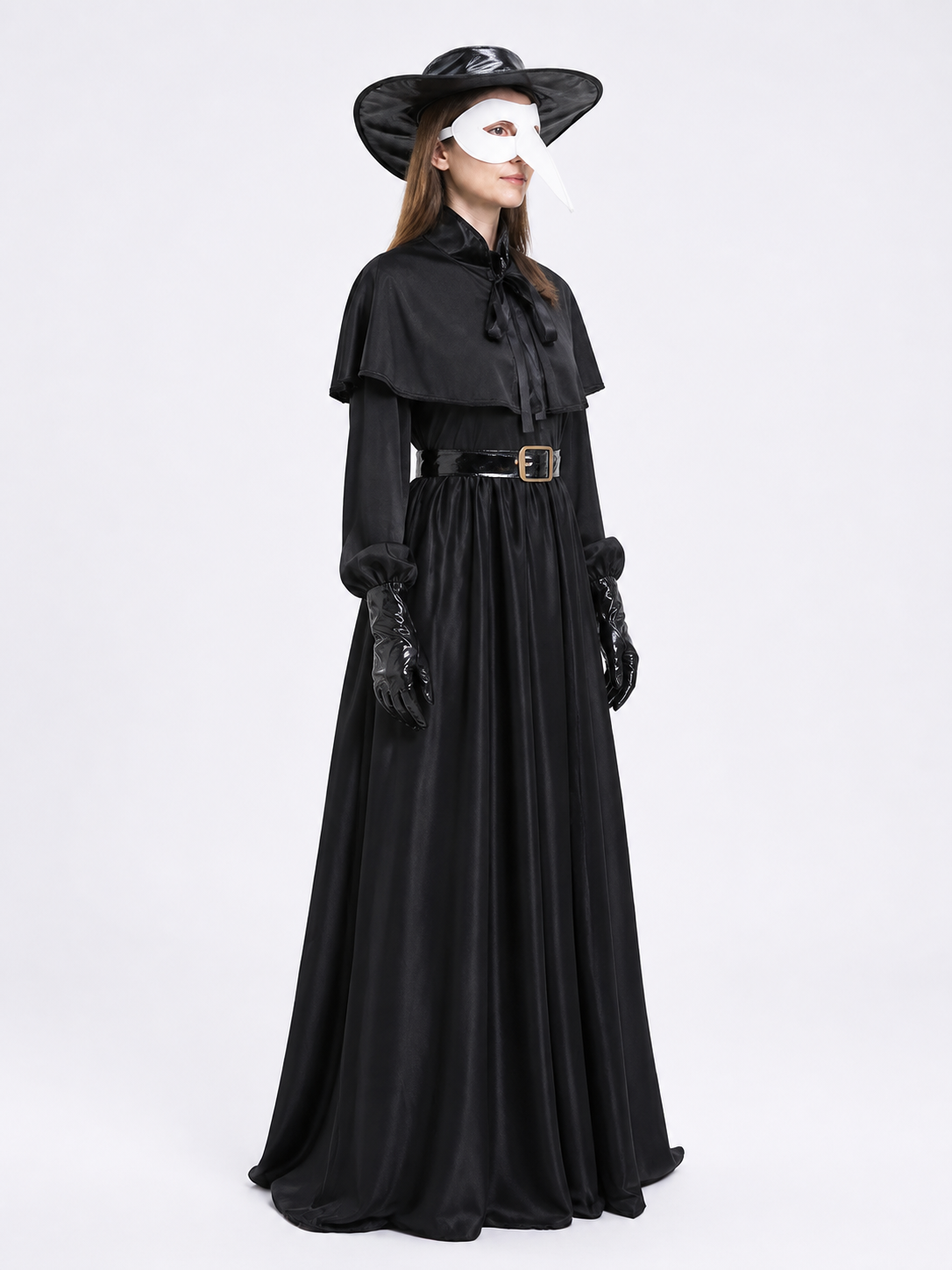 Plague Doctor Costume, Black Cloak, Raven Mask, Steampunk side view