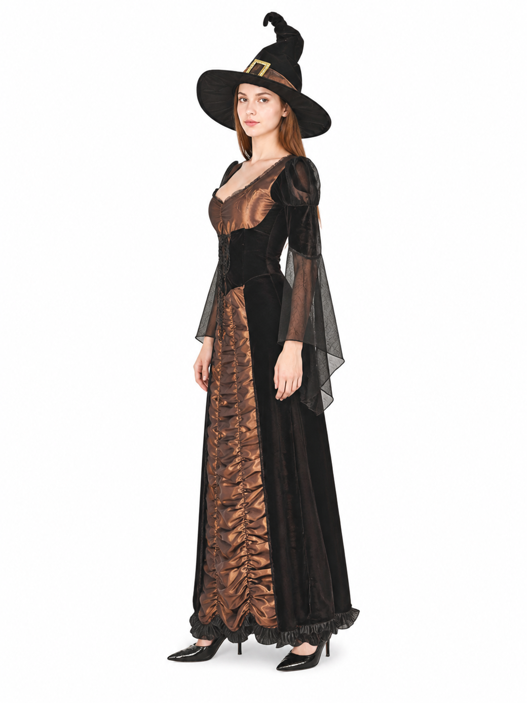 Long Black and Gold Cosplay Dress with Sleeves side view