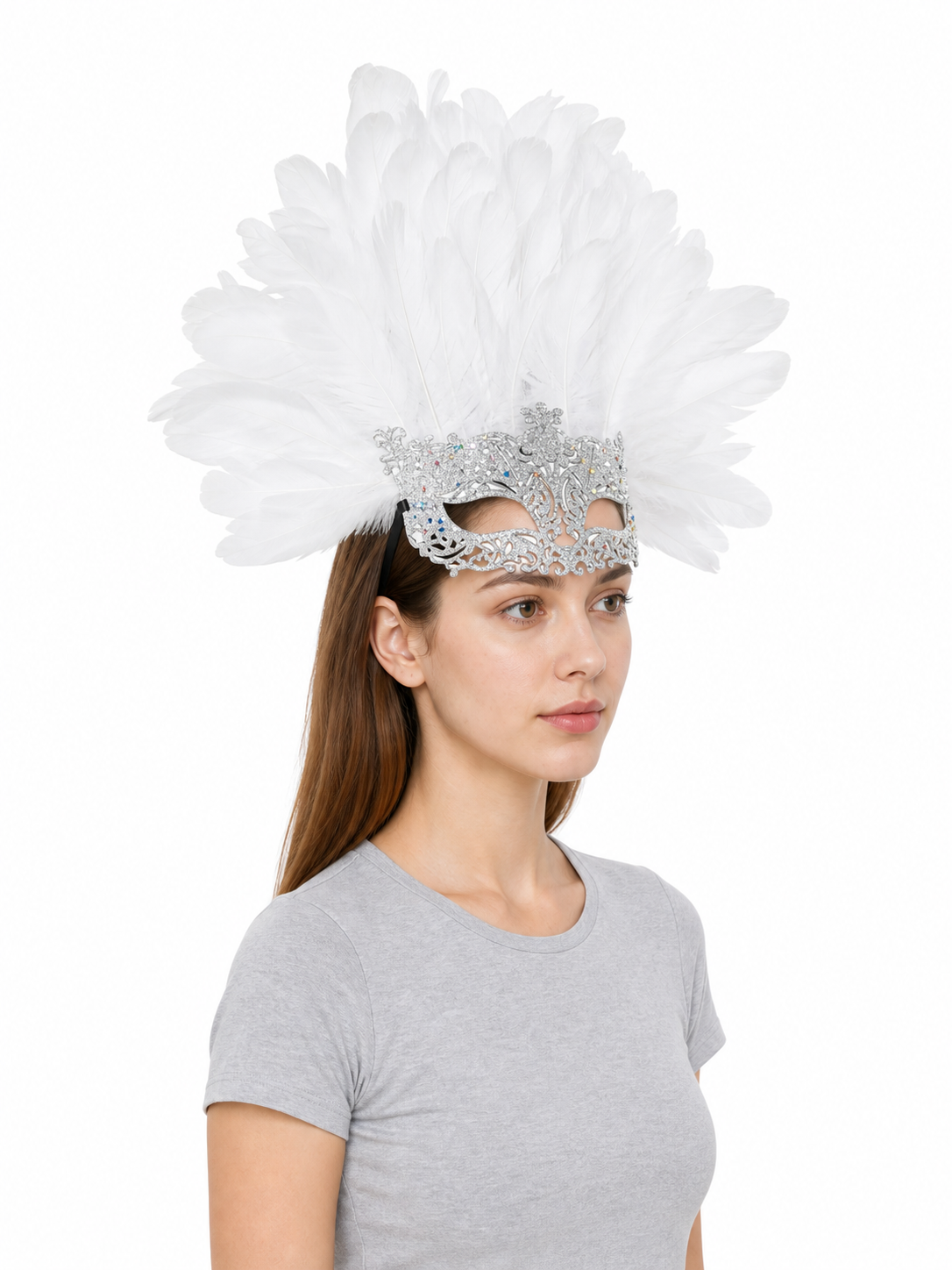 Masquerade Mask with White Feathers and Glitter