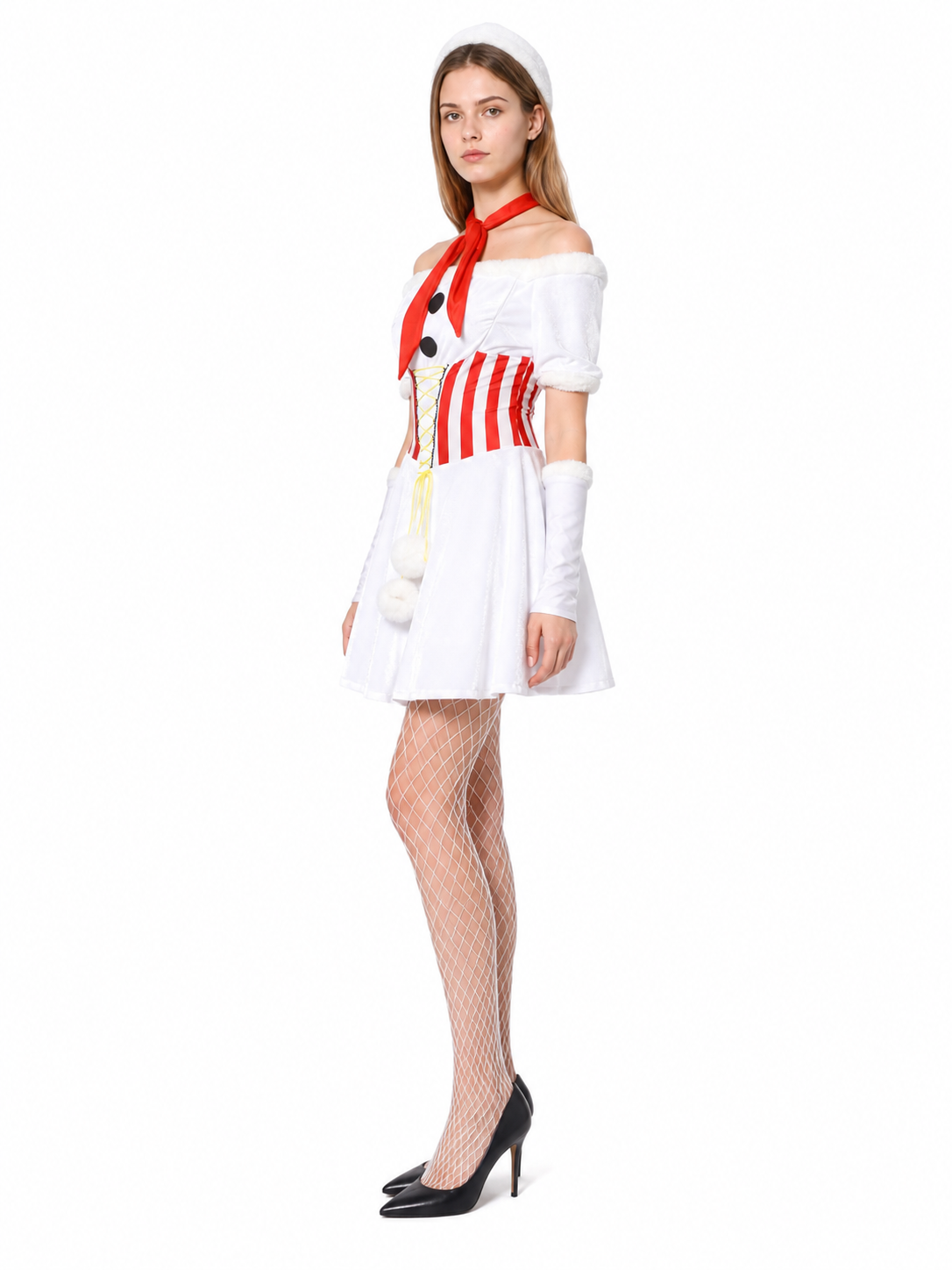 White Snowman Carnival Dress with Pom-Poms side view