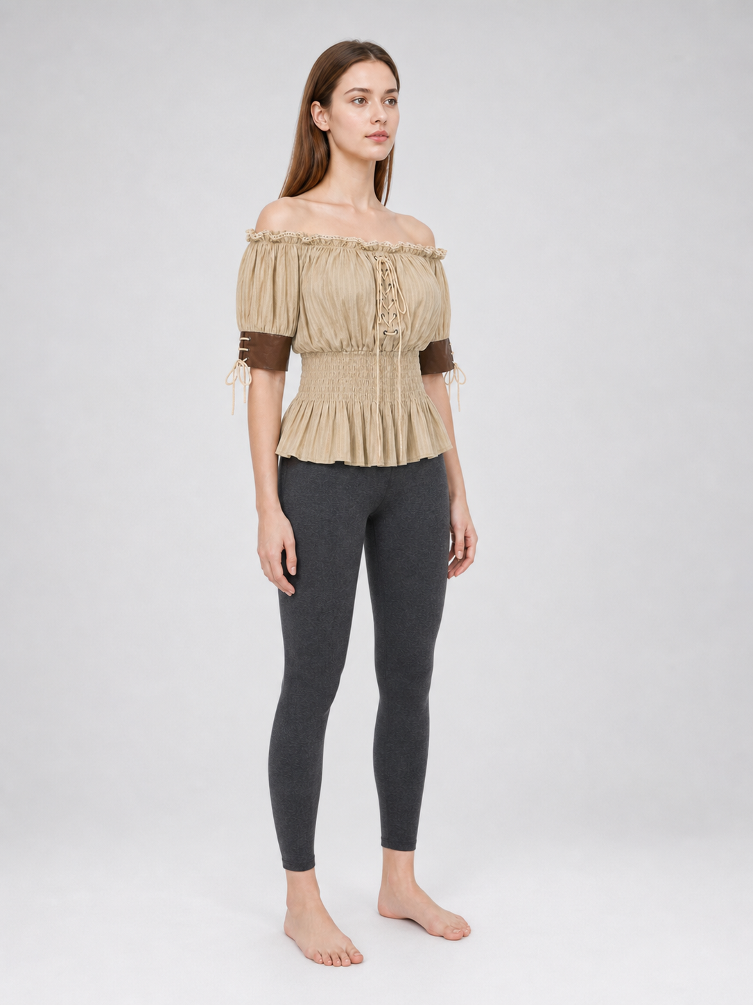 Vintage-Style Peasant Blouse with Lace-Up Front and Lace Trim