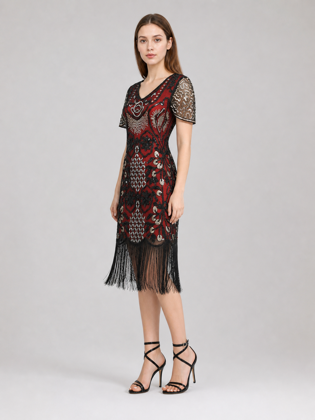 Flapper-Style Dress with Sequins and Fringe