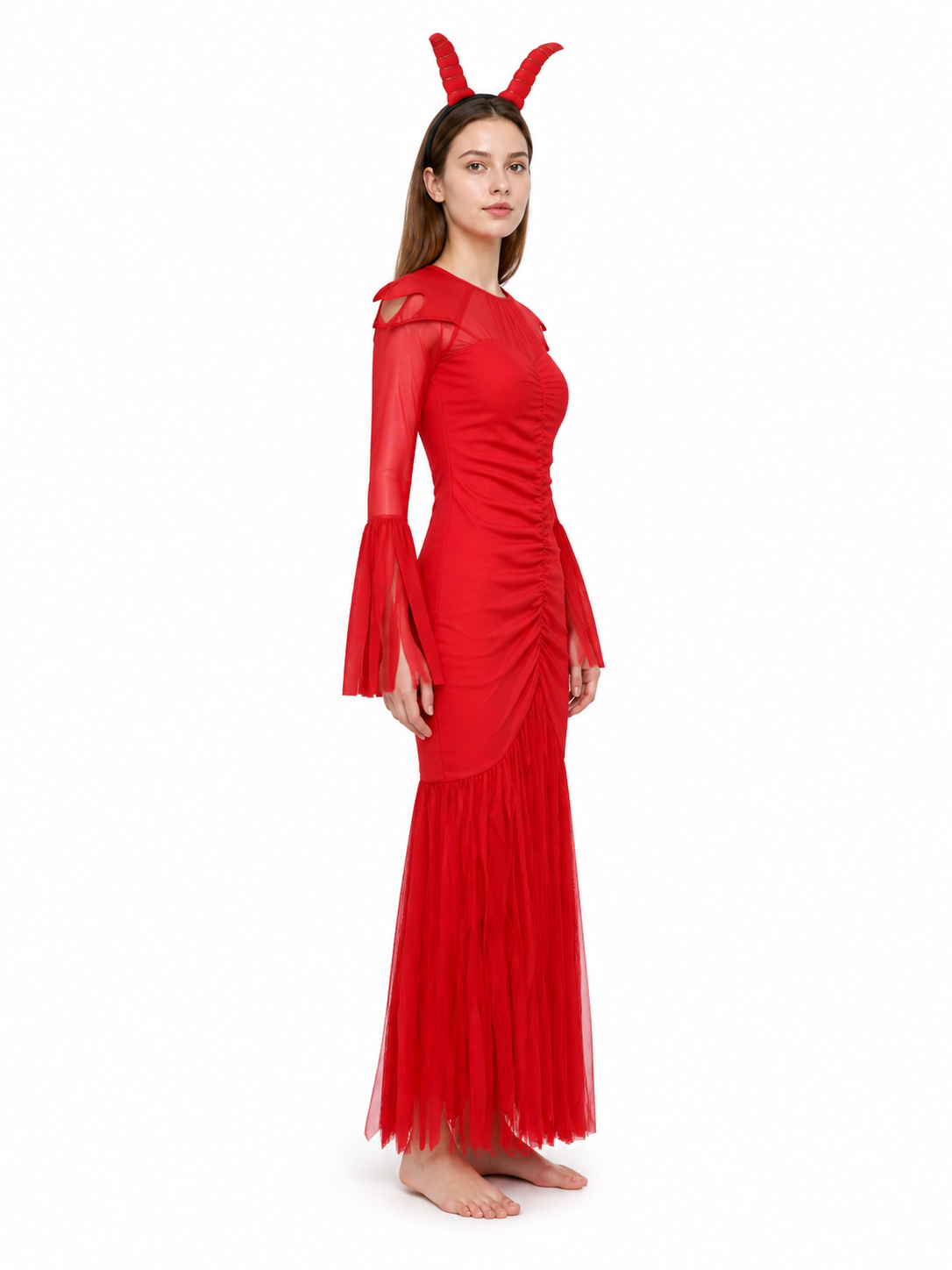 Devil Costume with Horns, Red Long Dress side view