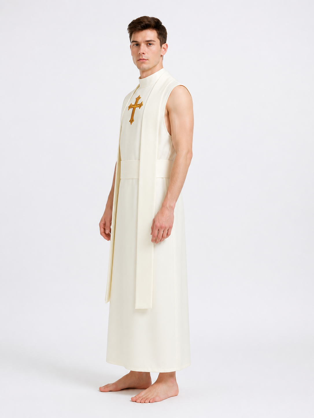 White Cassock with Gold-Tone Cross, 3-Piece Set side view