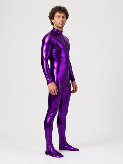 Purple Jumpsuit with Zipper and Closed Feet side view