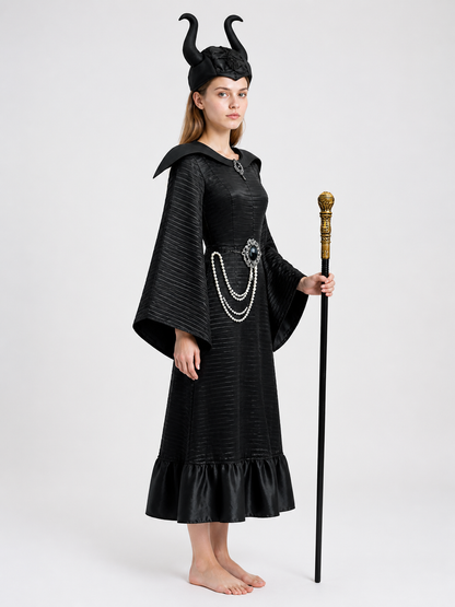 Black Halloween witch costume with crown and wand side view