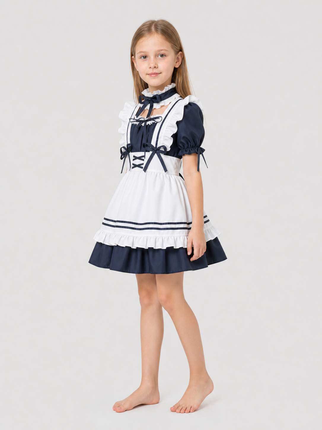 Black-and-White Maid-Style Dress with Ruffles and Bows