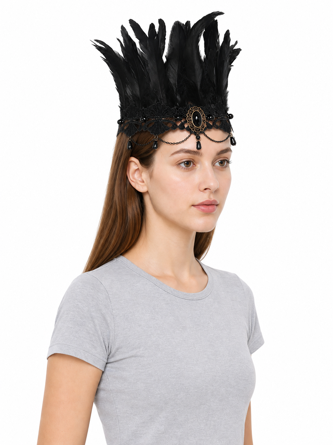 Black Feather and Lace Headpiece product view 17