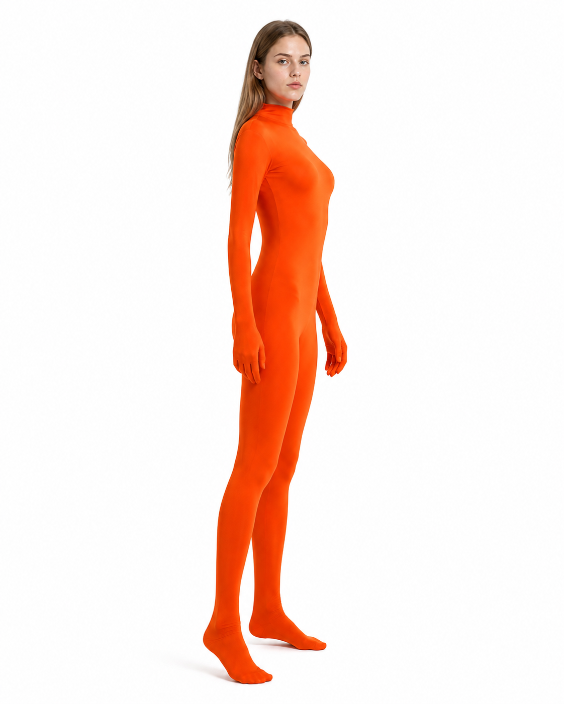 Orange Form-Fitting Jumpsuit with High Collar side view