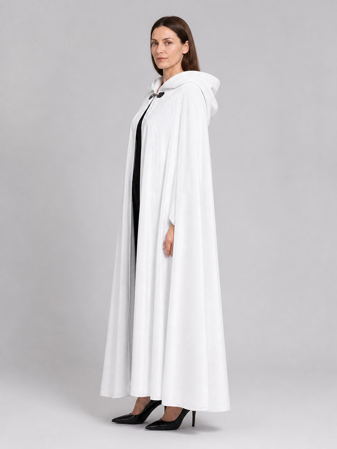 White Long Hooded Cape with Black Bow