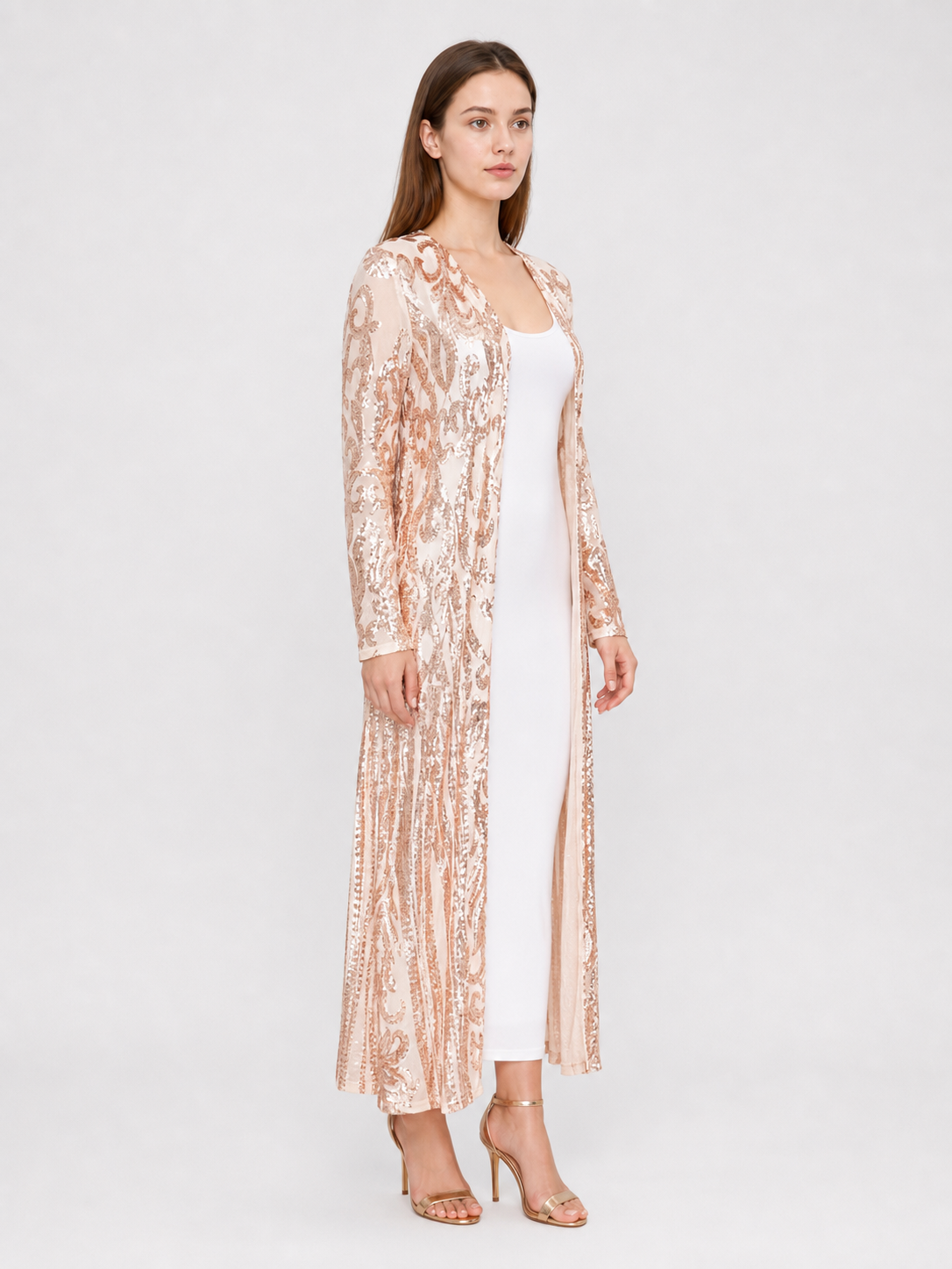 Long Sequin-Embroidered Cape with Baroque Pattern