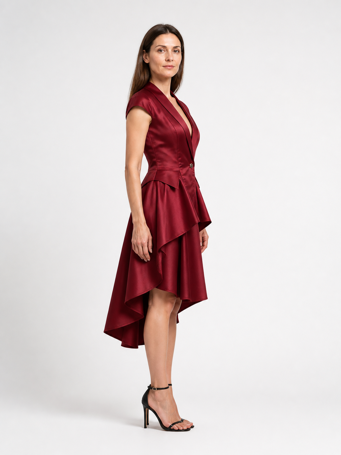 Burgundy tailcoat with tails and short sleeves side view