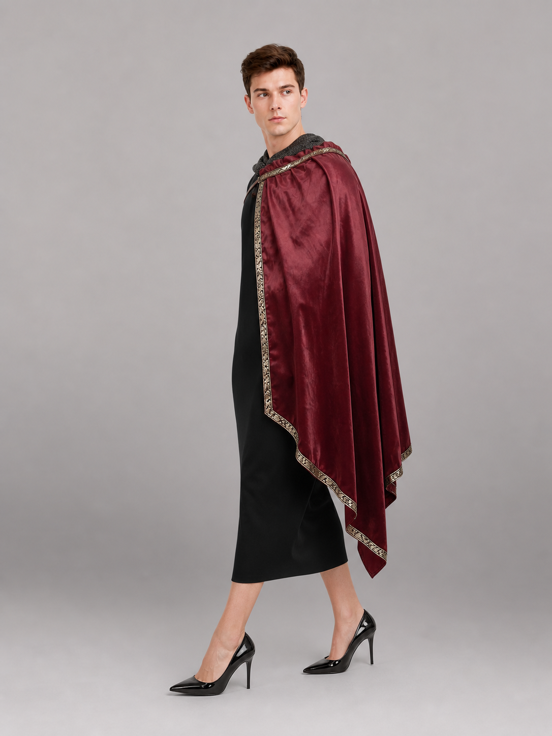 Burgundy velvet-look hooded costume cape product view 40
