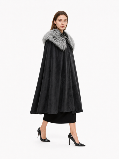 Black Costume Cloak with Faux Fur Collar