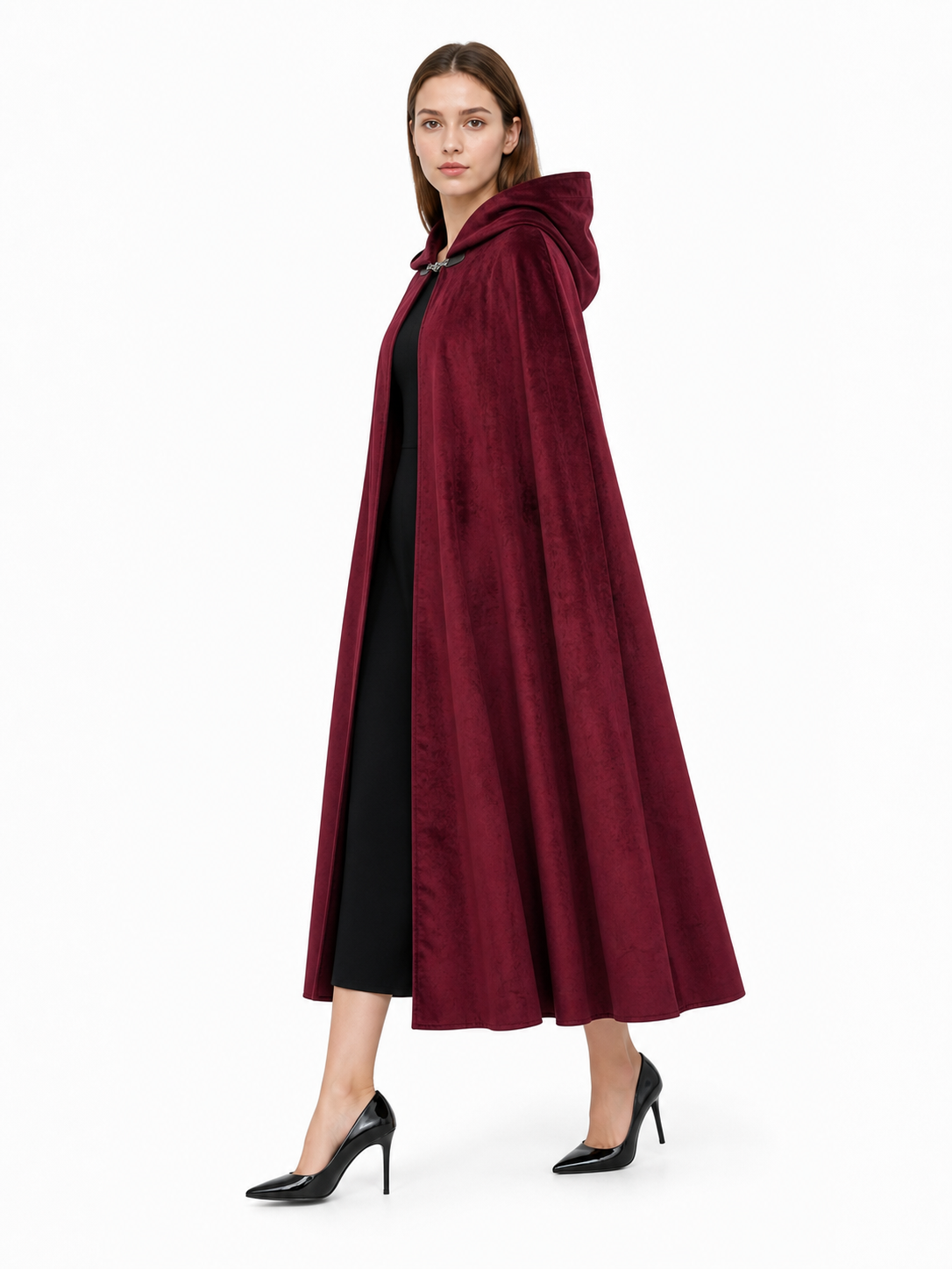 Long burgundy carnival cloak with hood