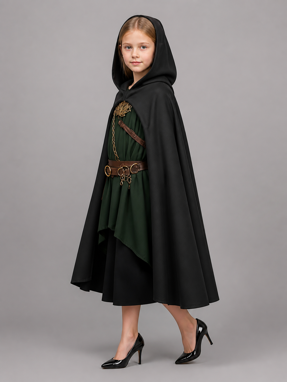 Medieval Black Hooded Costume Cloak side view 3