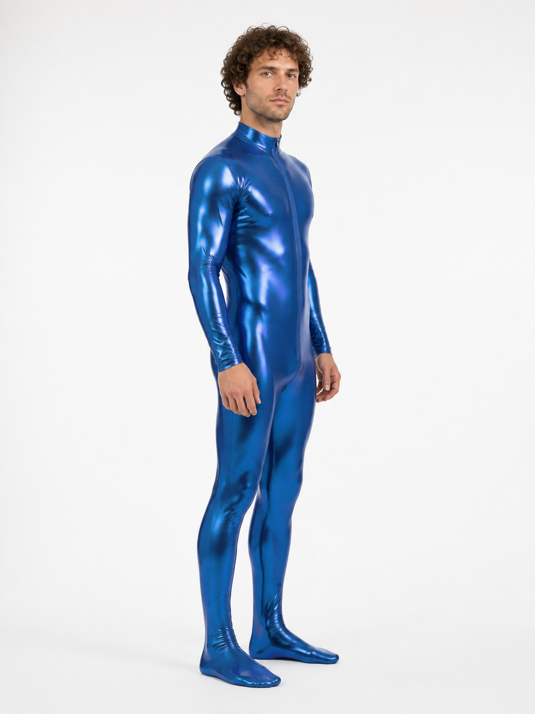 Blue glossy footed jumpsuit with a zipper side view