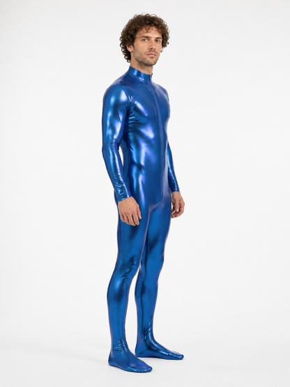 Blue glossy footed jumpsuit with a zipper side view