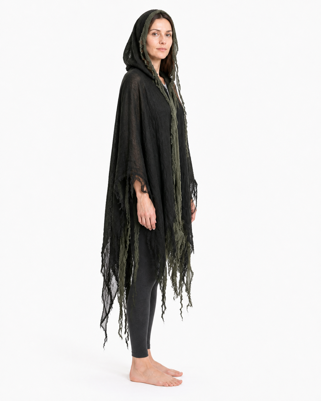 Cloak Cape with a Pointed Hood and Tattered Fringe side view