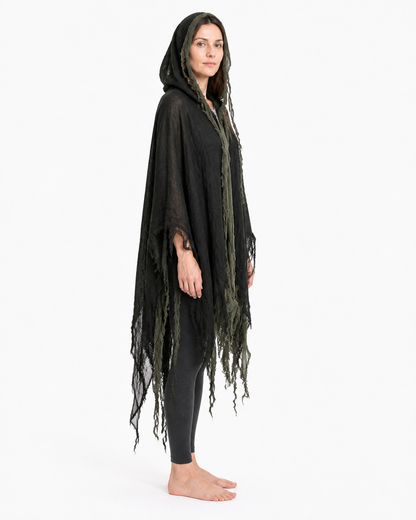 Cloak Cape with a Pointed Hood and Tattered Fringe side view