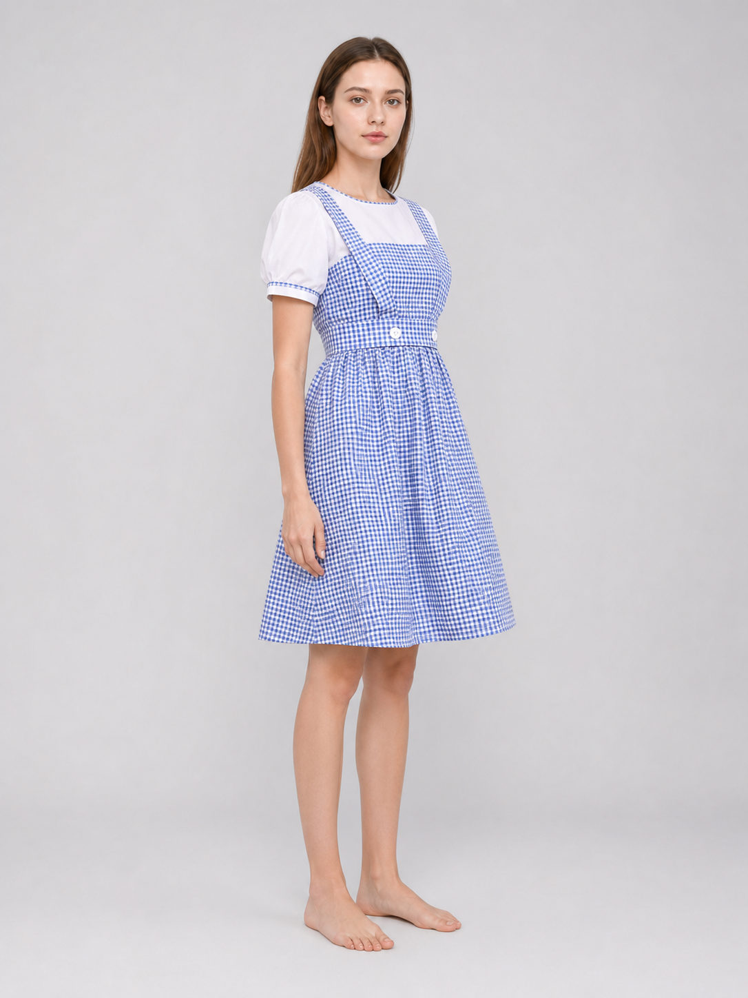 Blue-and-White Check Dress with Puff Sleeves