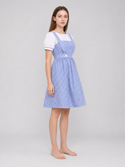 Blue-and-White Check Dress with Puff Sleeves