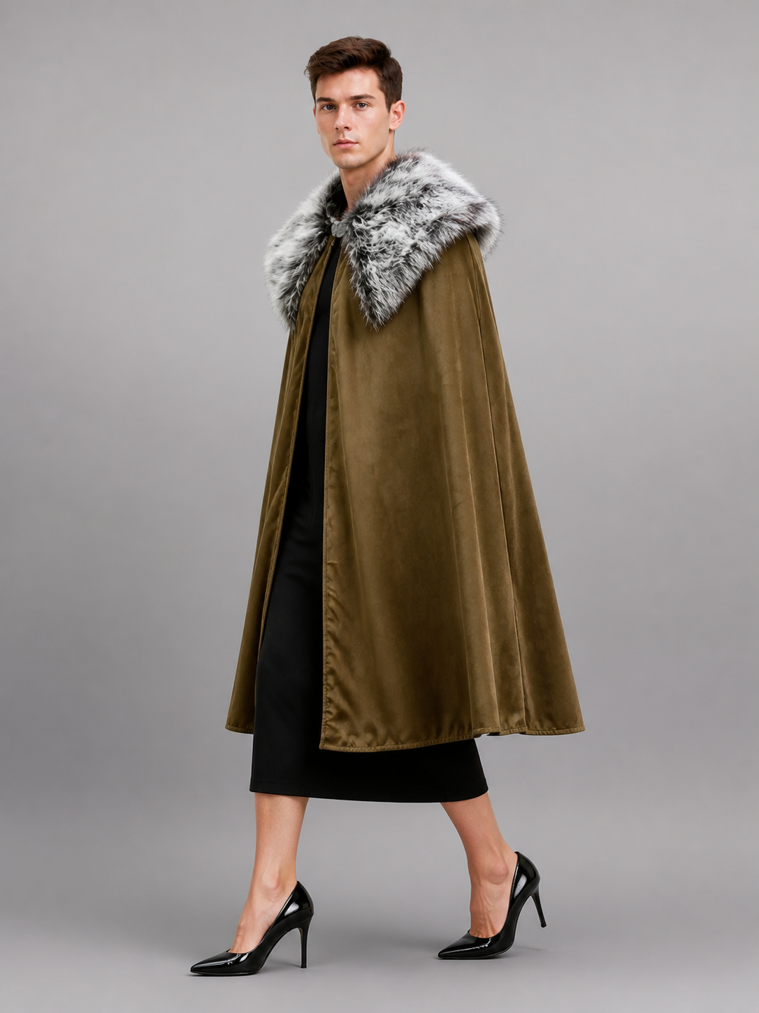 Brown Costume Cloak with Fur Collar