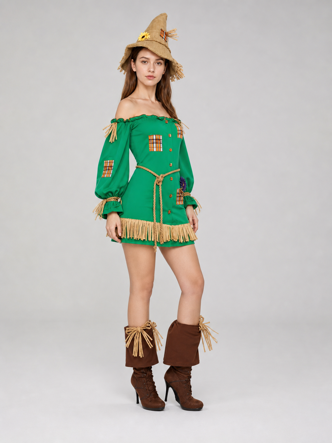 Scarecrow Costume with Hat, Dress, Pants, and Fringe