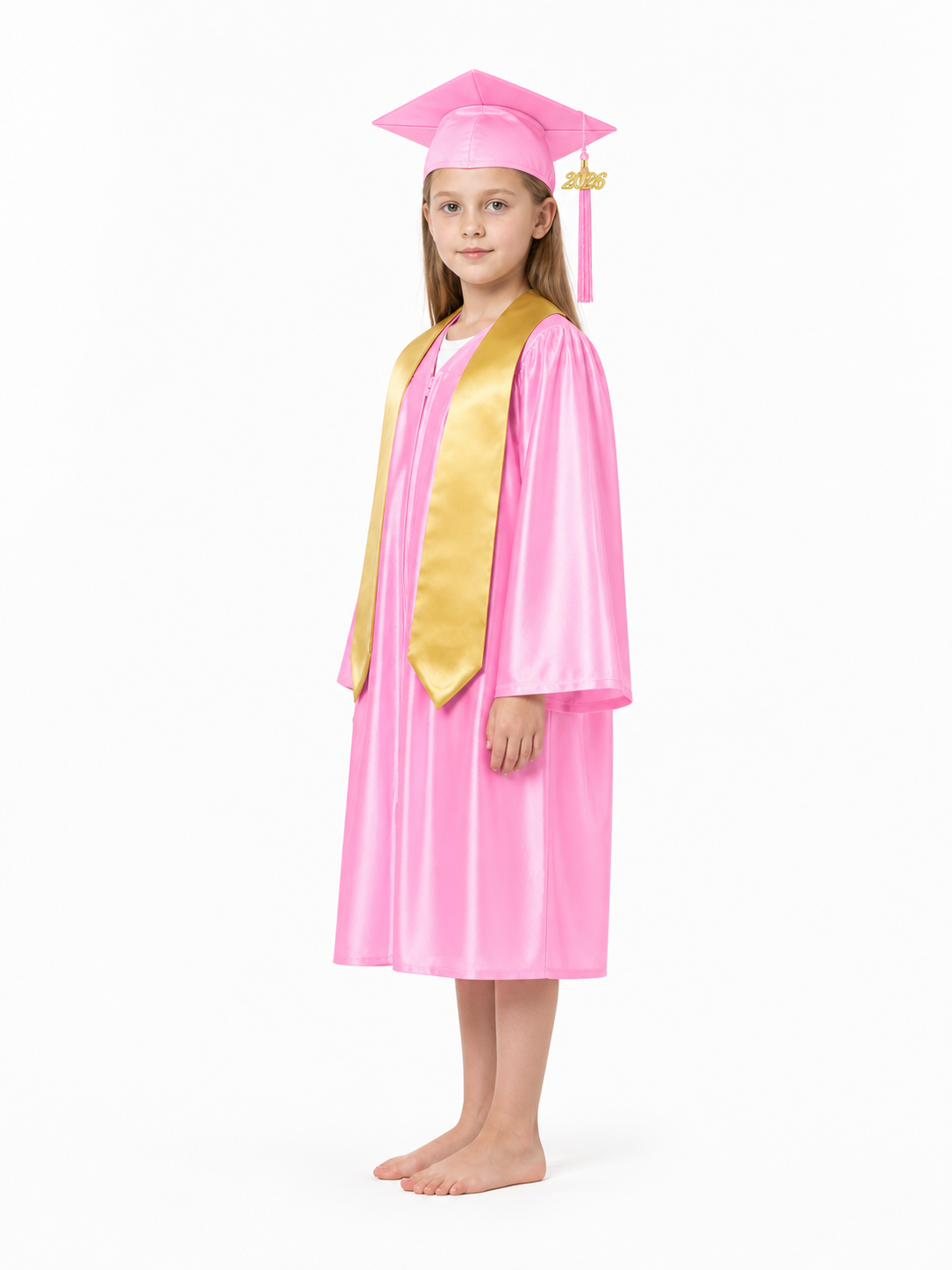 Pink children's graduation gown with cap and cape side view