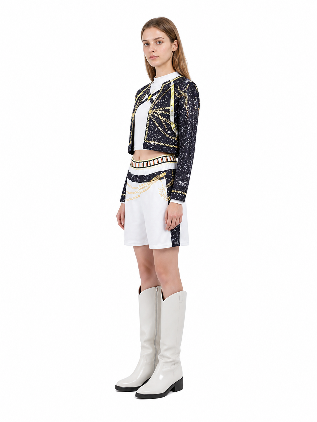 Children's cosplay costume with shorts, black and gold side view