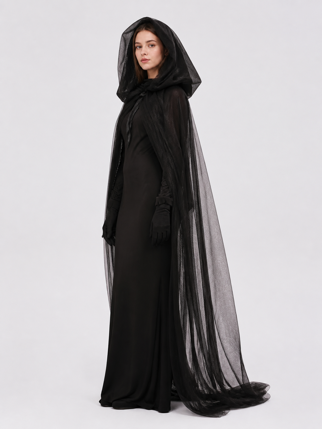 Black Hooded Cape Costume side view