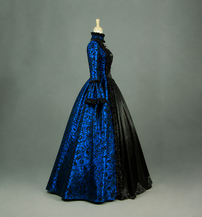 Vintage Blue and Black Dress with Ruffles and a High Collar side view