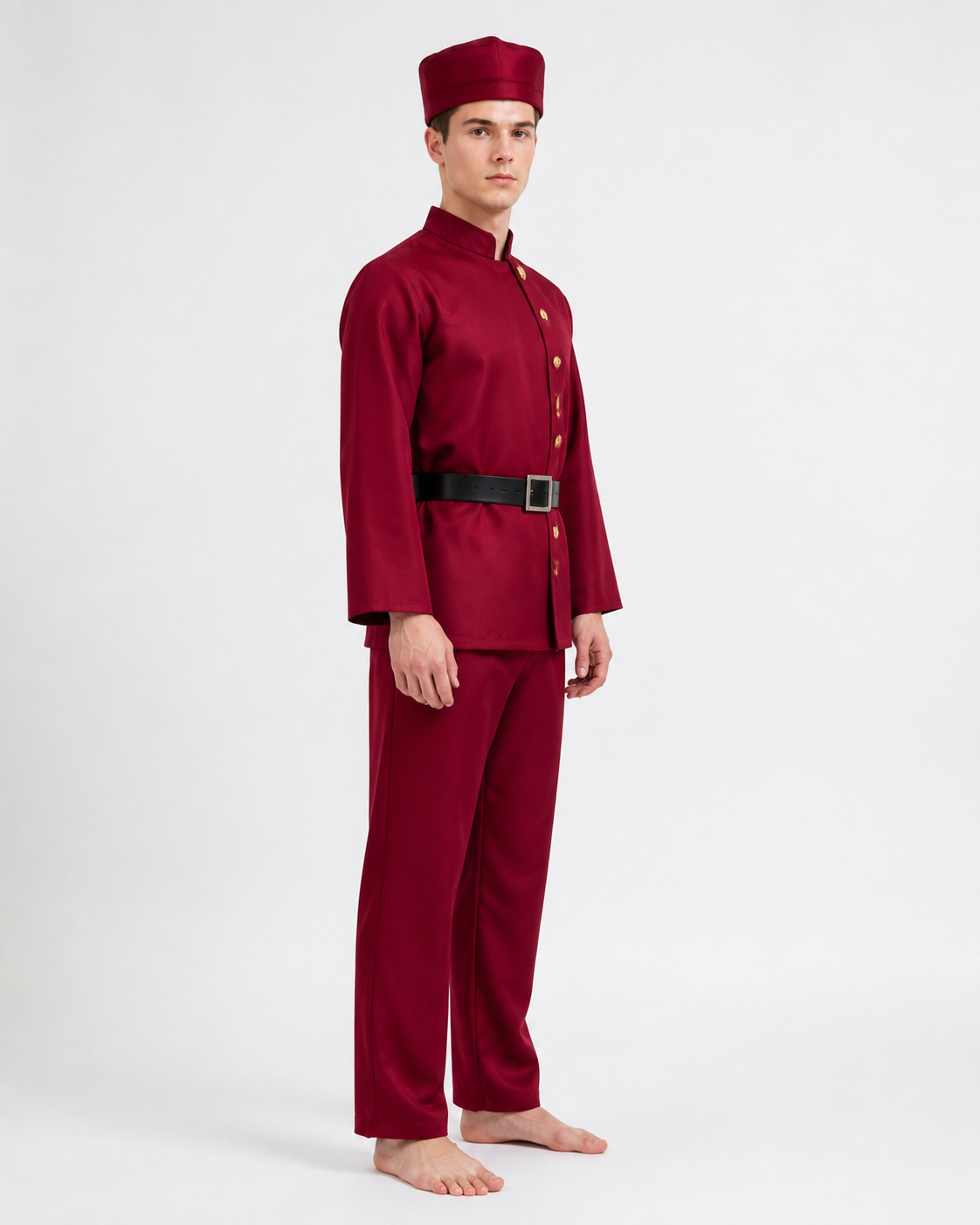 Burgundy Cosplay Costume with Hat and Belt side view