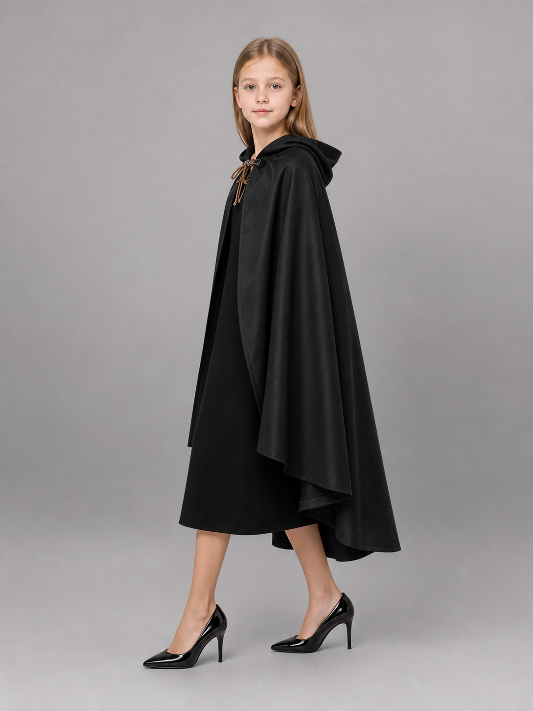 Black hooded medieval costume cloak product view 27