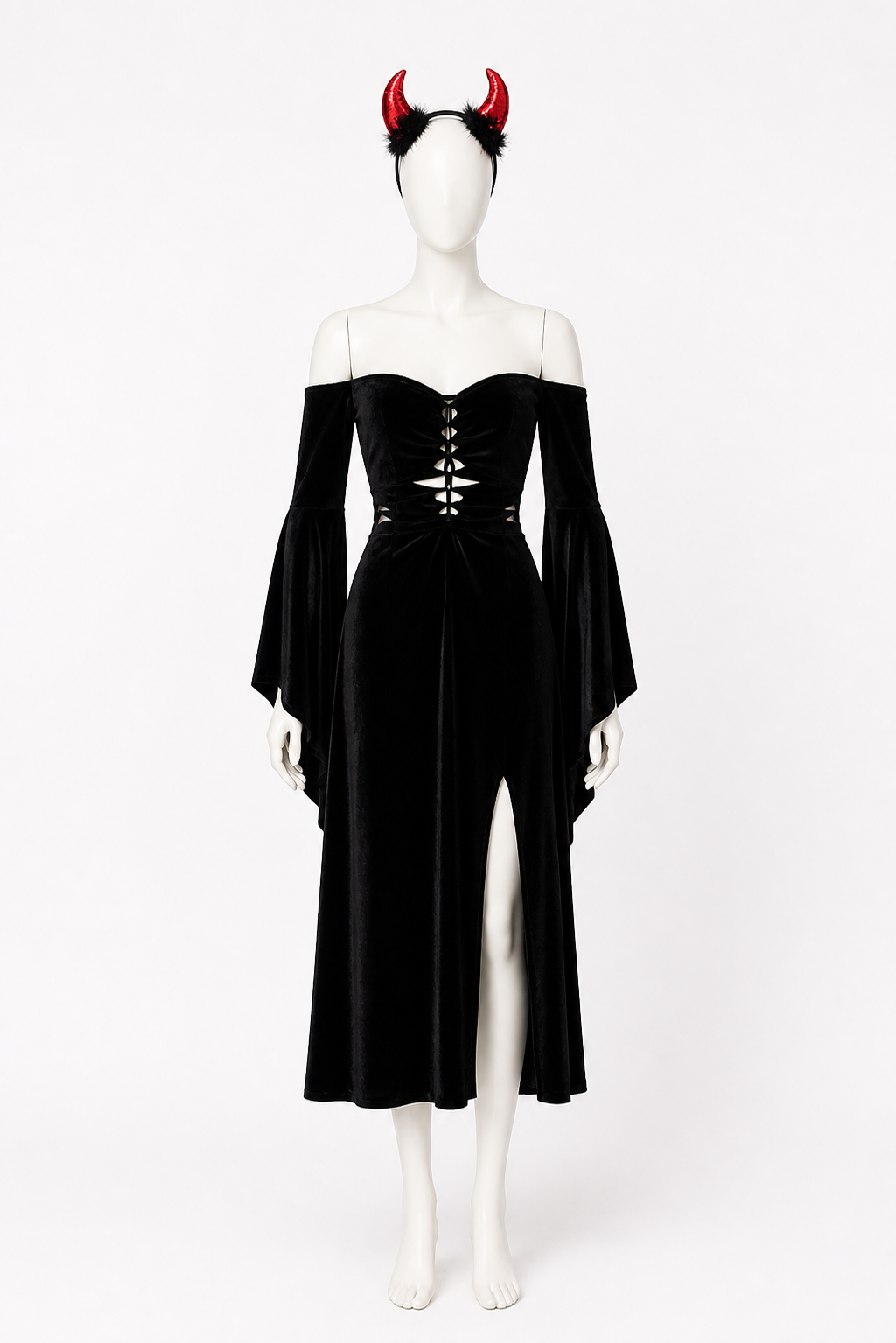 Black Gothic Long Dress with Red Horns side view