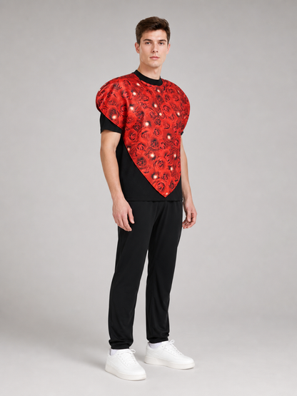 Bright heart-shaped costume with a floral print. A voluminous silhouette with a pointed lower edge and wide short sleeves that extend from the sides of the garment. The surface is decorated with an allover floral pattern reminiscent of rose