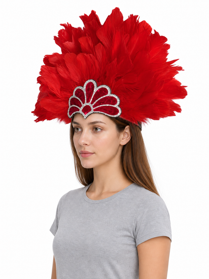Carnival Headband with Red Feathers and Glitter