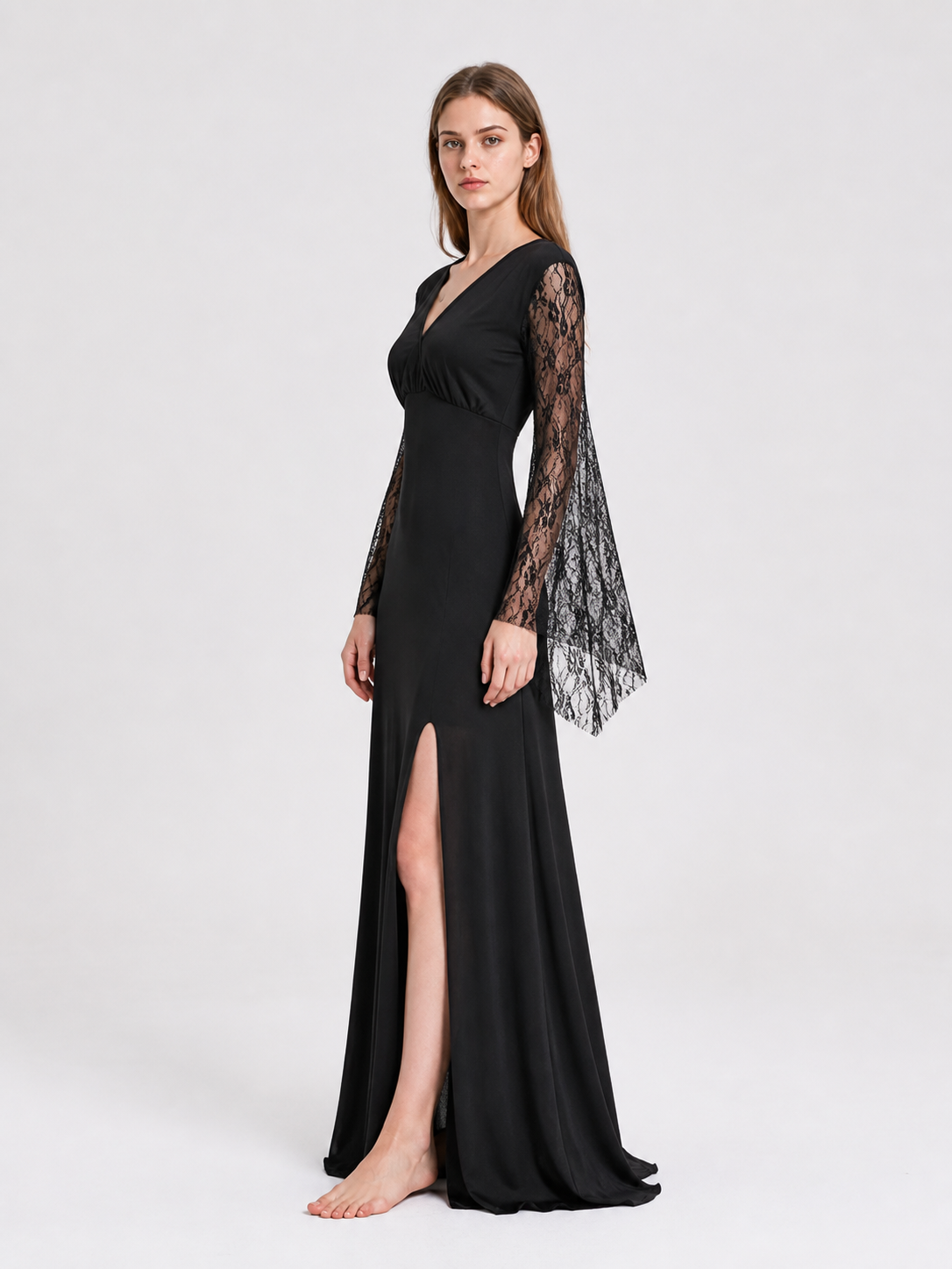 Black Dress with a V-Neck and Lace Sleeves side view