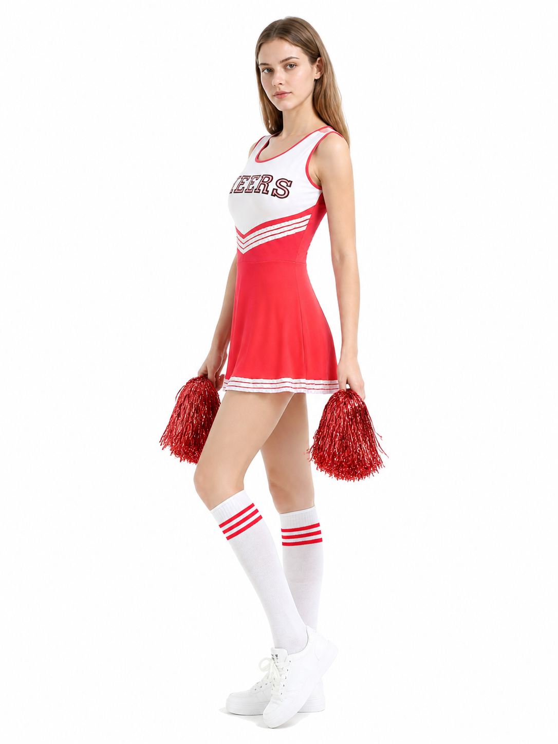 Red-and-White Striped CHEERS Cheerleader Costume side view
