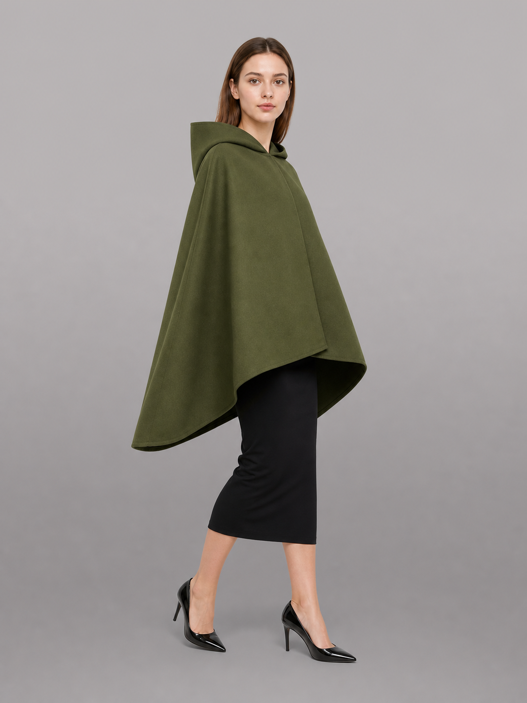 Triangular Hooded Cape, Olive Green