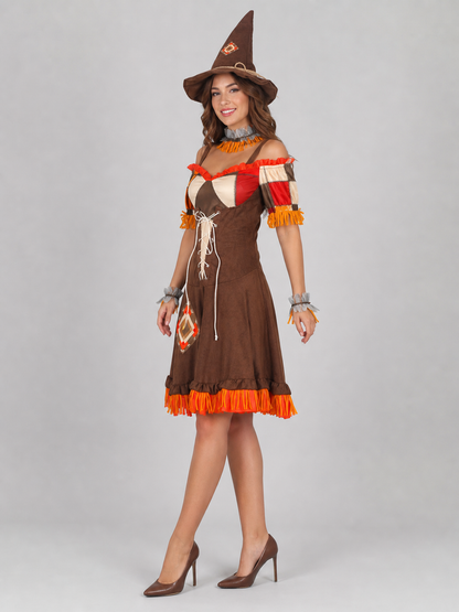 Witch costume with dress, hat, and fringe