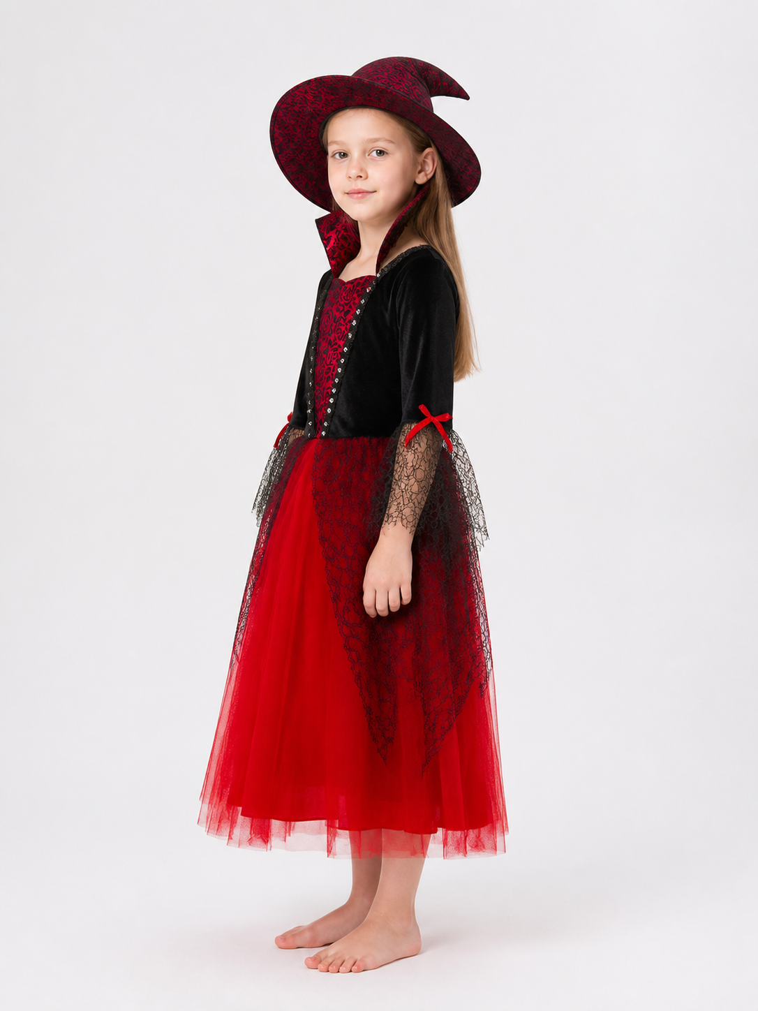 Red and Black Witch Costume with Dress and Hat side view