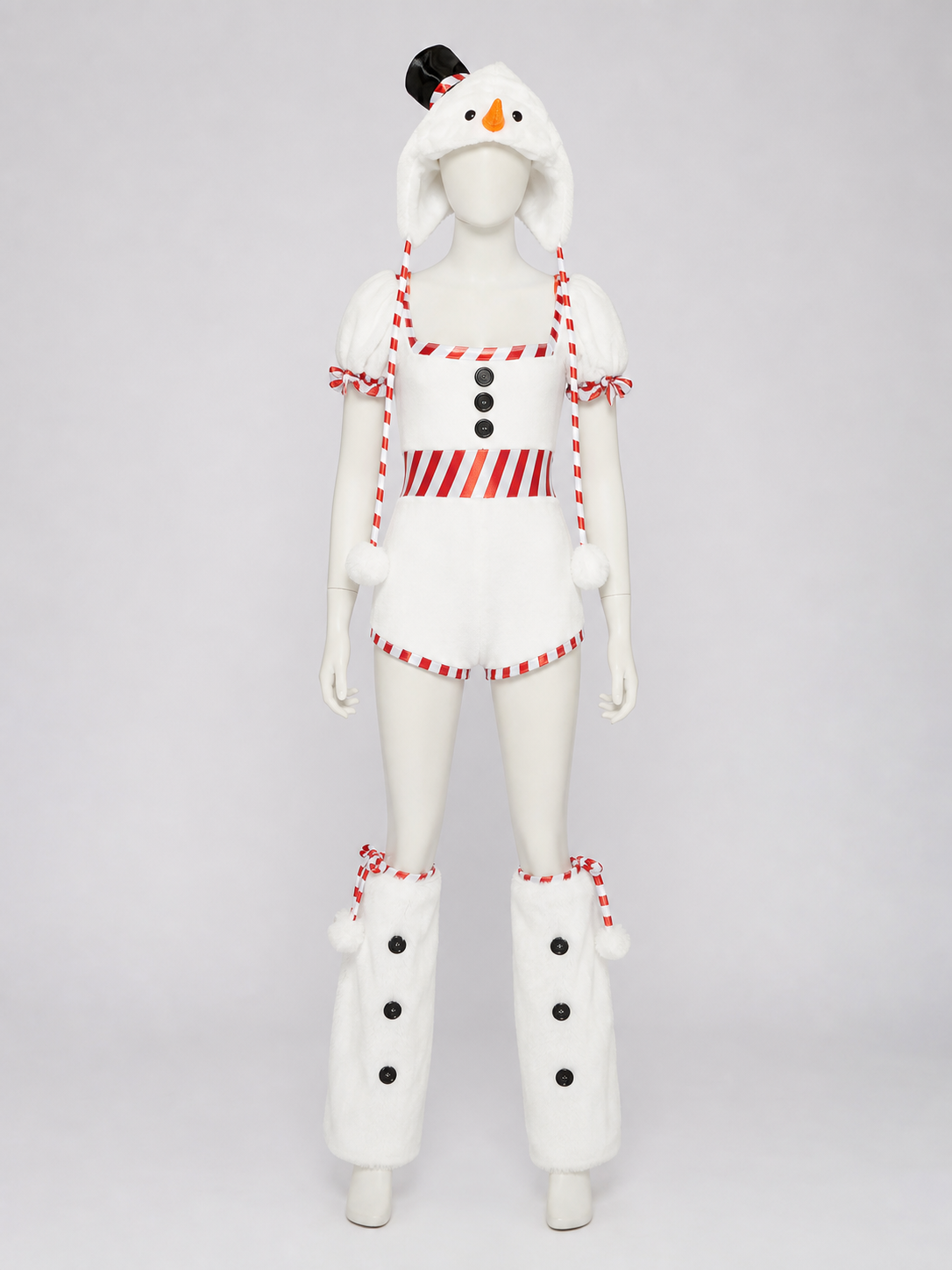 The Christmas Snowman costume is designed as a white snow character and includes a one-piece body with short sleeves and shorts, a white pointed hat, and white high leg gaiters. The design uses white, red, black, and orange colors. A red-an