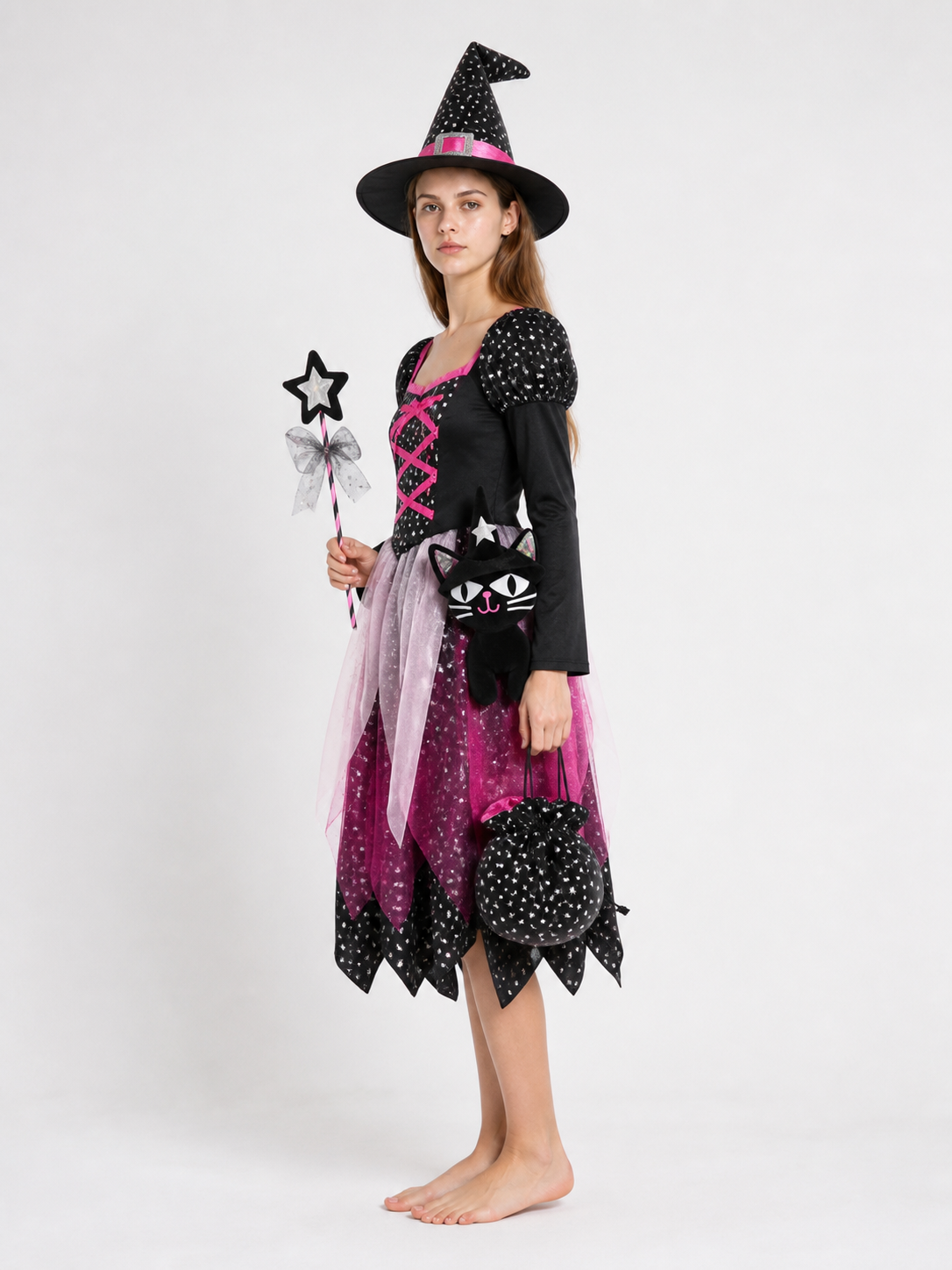 Witch Costume with Dress, Hat, and Wand side view